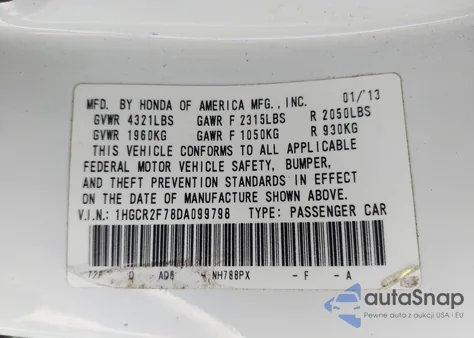 2013 Honda Accord Ex из США, поврежденный, VIN 1HGCR2F78DA099798